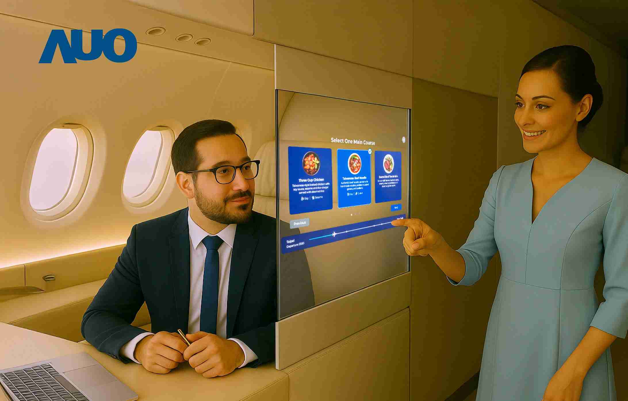 欧陆注册研发全球最薄17.3 吋双面透明 Micro LED 显示器，，，，可在同一屏幕之双边投射不同信息，，，，创造独特的”透明化”互动；图为实时翻译交流应用情境